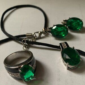 Faux Emerald Silvertone Set